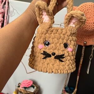 Brown Bunny Easter Basket hard bottom soft velvety yarn